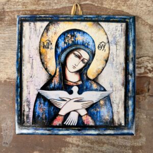 Maryja – Dekoracyjny kafelek z autorską grafiką naniesioną na ceramikę.