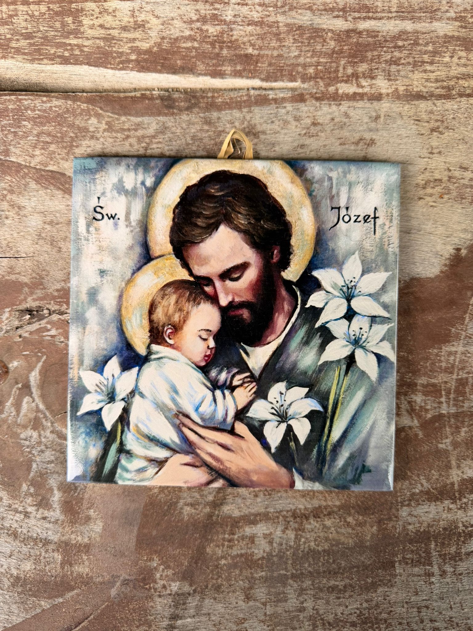 Św. Józef - Dekoracyjny kafelek z autorską grafiką naniesioną na ceramikę.