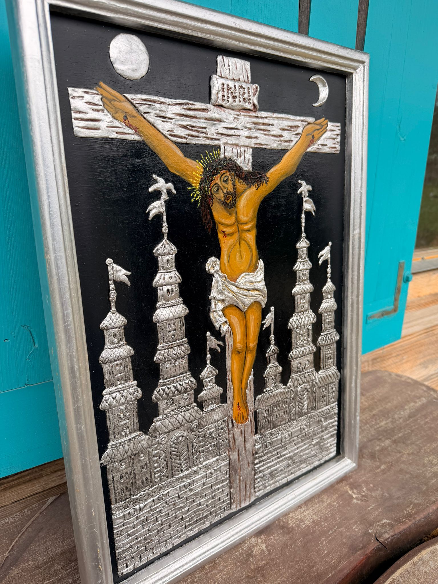 Ikona pisana na drewnie - Pasja. Obraz religijny w ramie. - obrazek 5